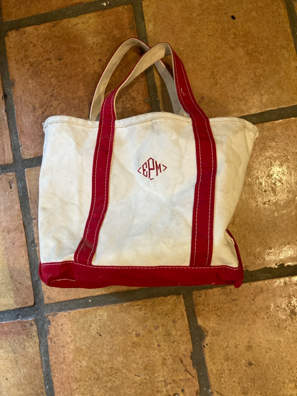 L.L. Bean White Canvas Tote with Red Trim and Monogram boat tote thrashed